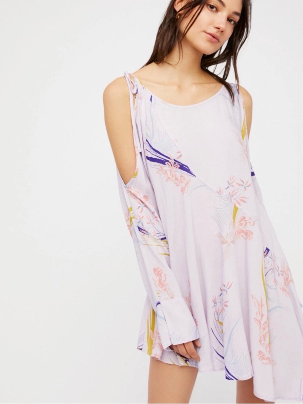 Free People Floral Tunic Dress Lilac Purple Cold Shoulder Boho Mini XS